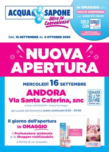 Volantino Acqua e Sapone - Acqua e Sapone - Nuova Apertura Andora valido dal 16/09 al 04/10 - pagina 1