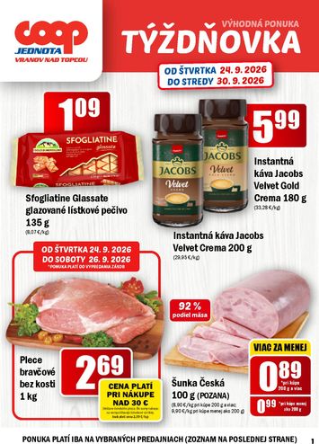 Leták COOP Jednota - COOP Jednota - Vranov nad Topľou od 24.09. do 30.09. - strana 1