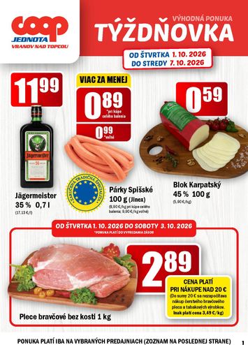 Leták COOP Jednota - COOP Jednota - Vranov nad Topľou od 01.10. do 07.10. - strana 1
